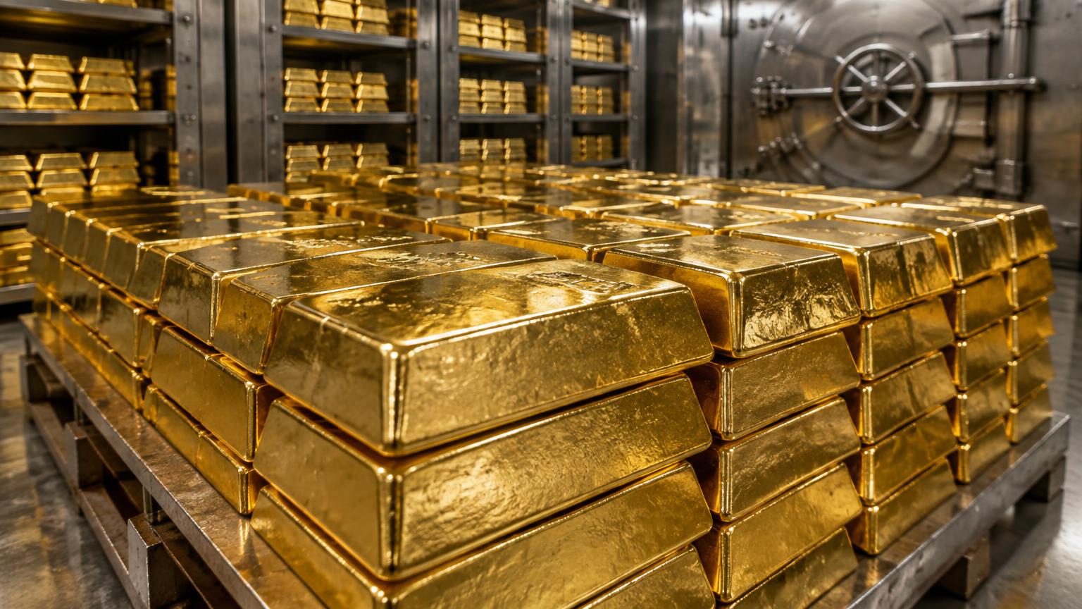 Stacked gold bars in a vault